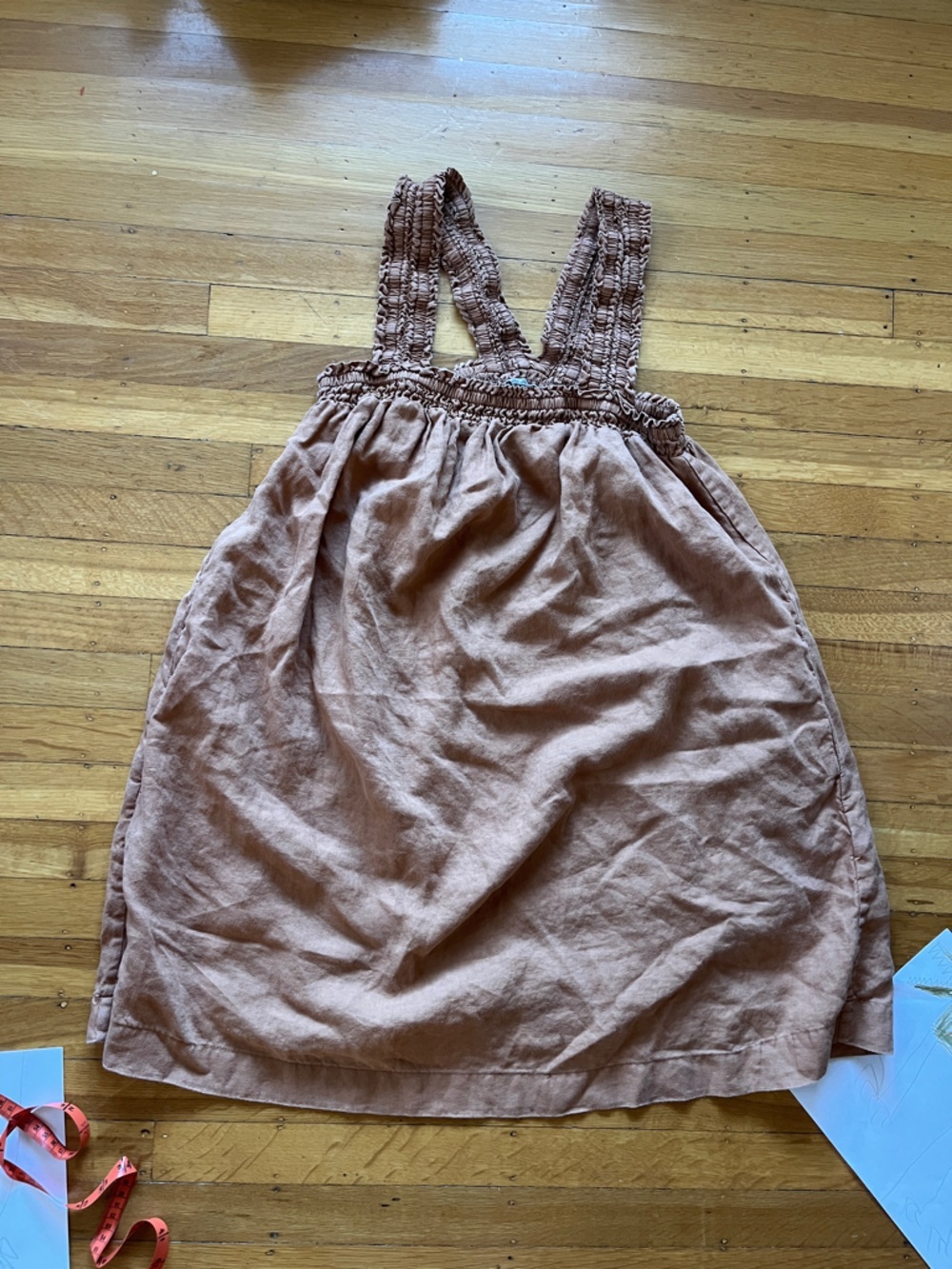 Everlane 100% linen mini babydoll dress tunic pockets terracotta brown ruched M
